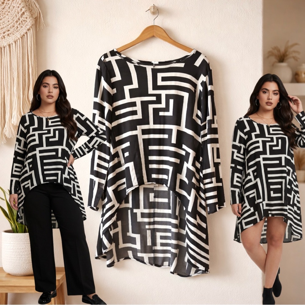 🛍️ Women’s black white geometrical high low long sleeve blouse top size 1X